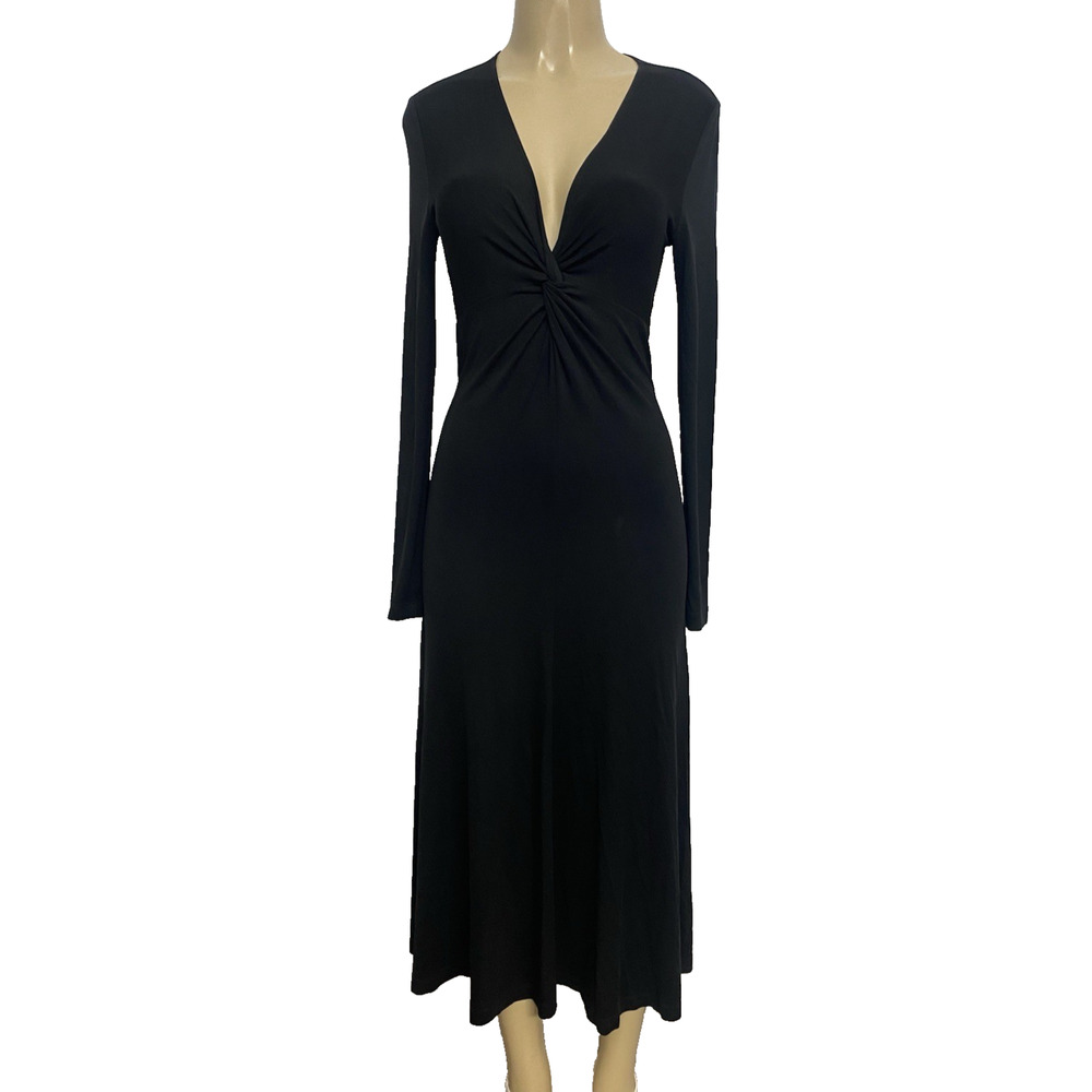 Michael Kors Collection Maxi Dress Black Twist Knot Front Long Sleeve V Neck 10